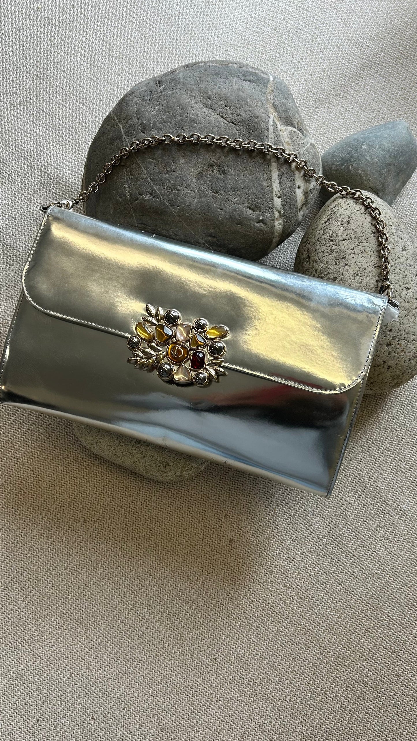 Christian Dior Embellished Clutch Patent Silver