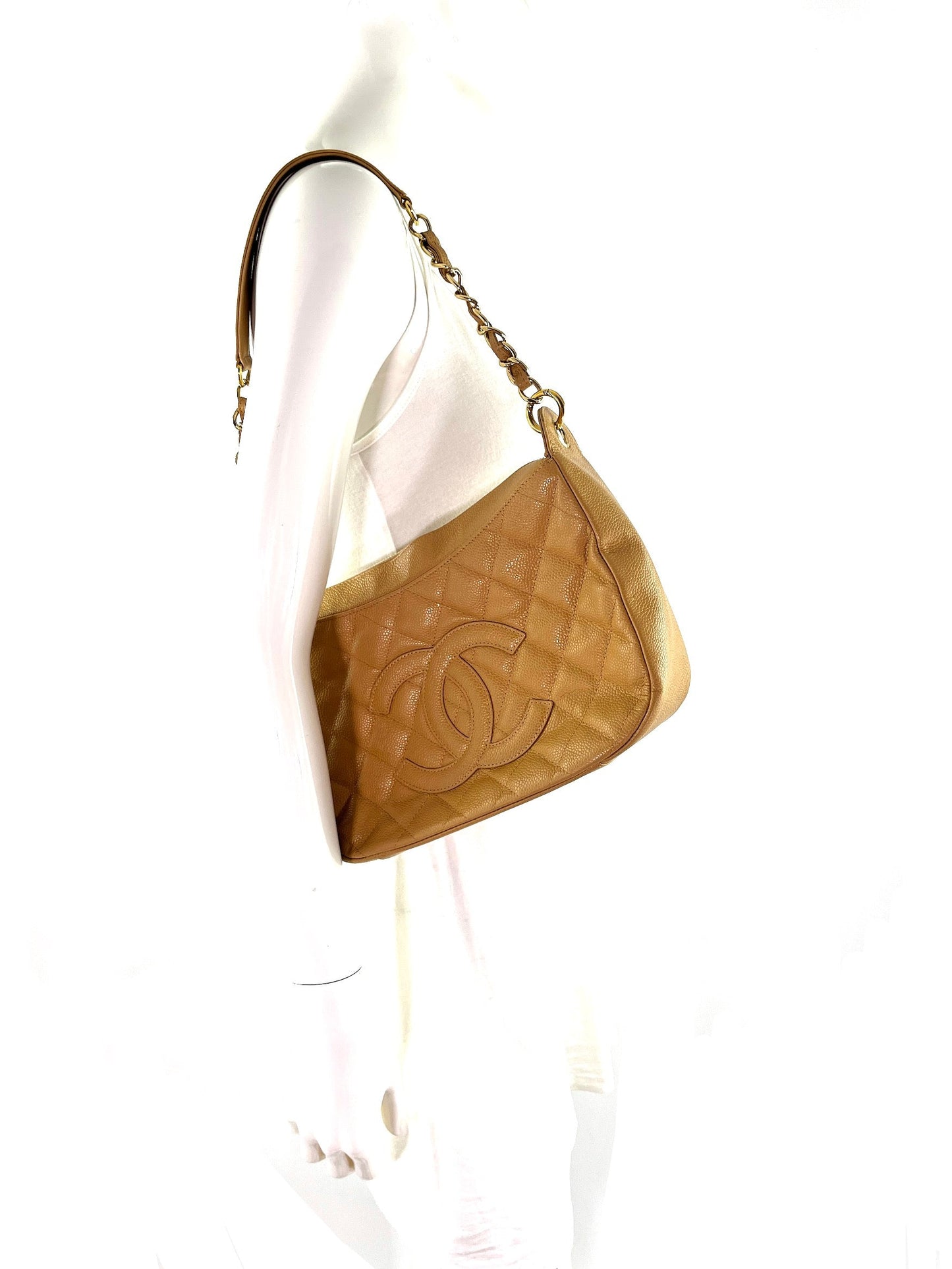 CHANEL Timeless Beige Quilted Caviar Hobo Bag
