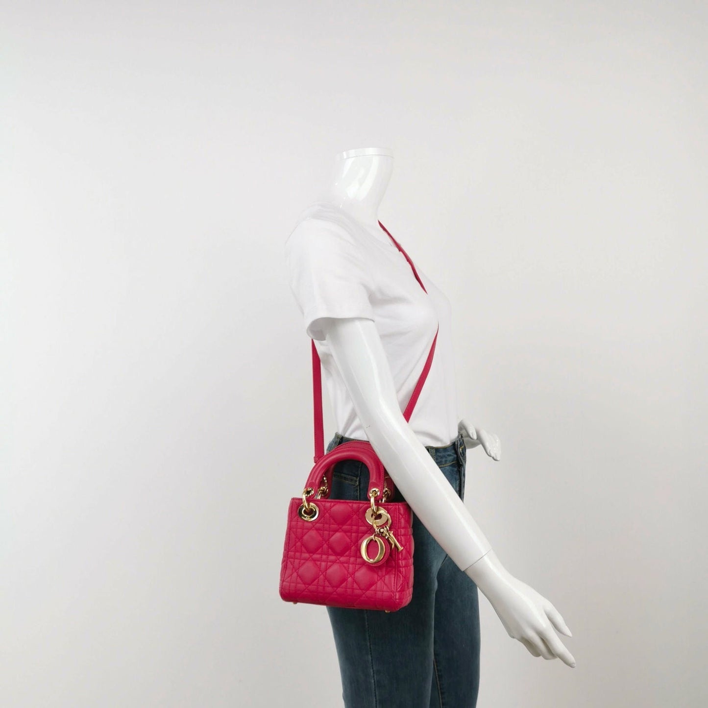 Lady Dior Mini Fuchsia Pink handbag Cannage Leather with strap