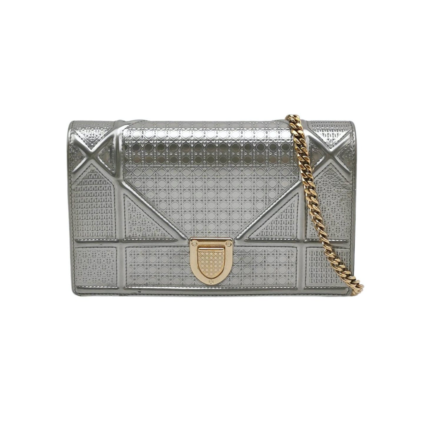 Dior Diorama Wallet on Chain Micro-cannage Silver Metallic Patent Leather Crossbody Bag