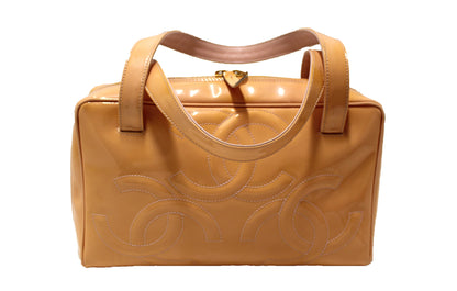 Chanel Beige Patent Leather Triple CC Logo Small Zippy Bag
