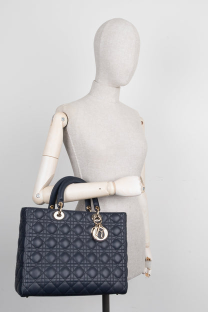 Christian Dior Large Lady Dior Bag Leather Navy