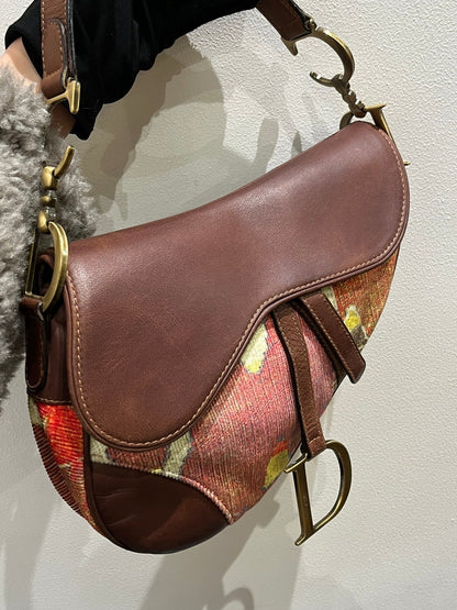 Dior Saddle bag brown leather and printed velvet RARE