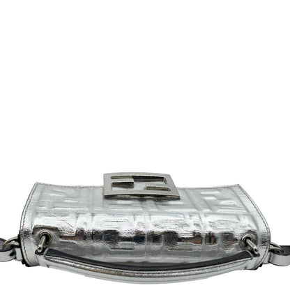 FENDI Baguette Zucca Embossed Leather Crossbody Bag Metallic Silver