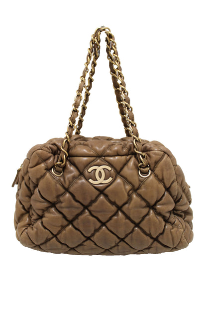 Chanel Beige Bubble Quilted Lambskin Leather Bowler Bag