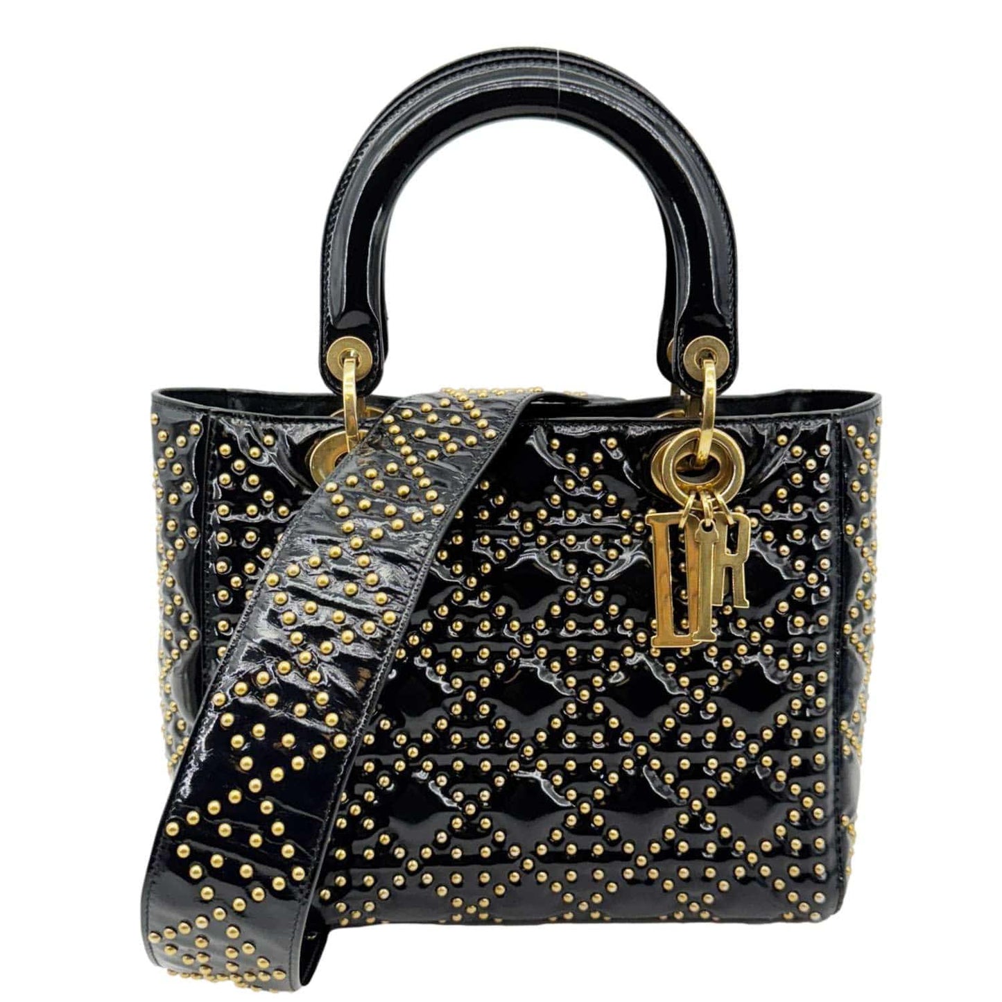 CHRISTIAN DIOR Lady Dior Medium Studded Cannage Patent Leather Crossbody Bag Black