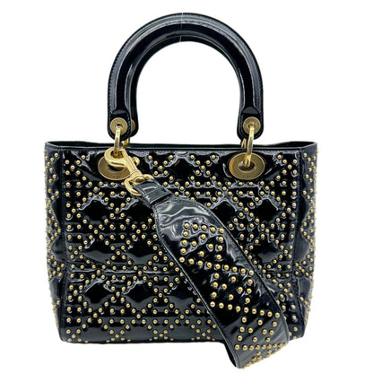CHRISTIAN DIOR Lady Dior Medium Studded Cannage Patent Leather Crossbody Bag Black