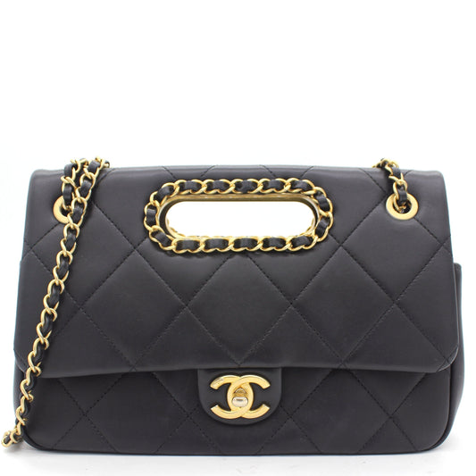 Chanel Black Quilted Smooth Calfskin Leather Jumbo Chain Detail Handle Flap Bag