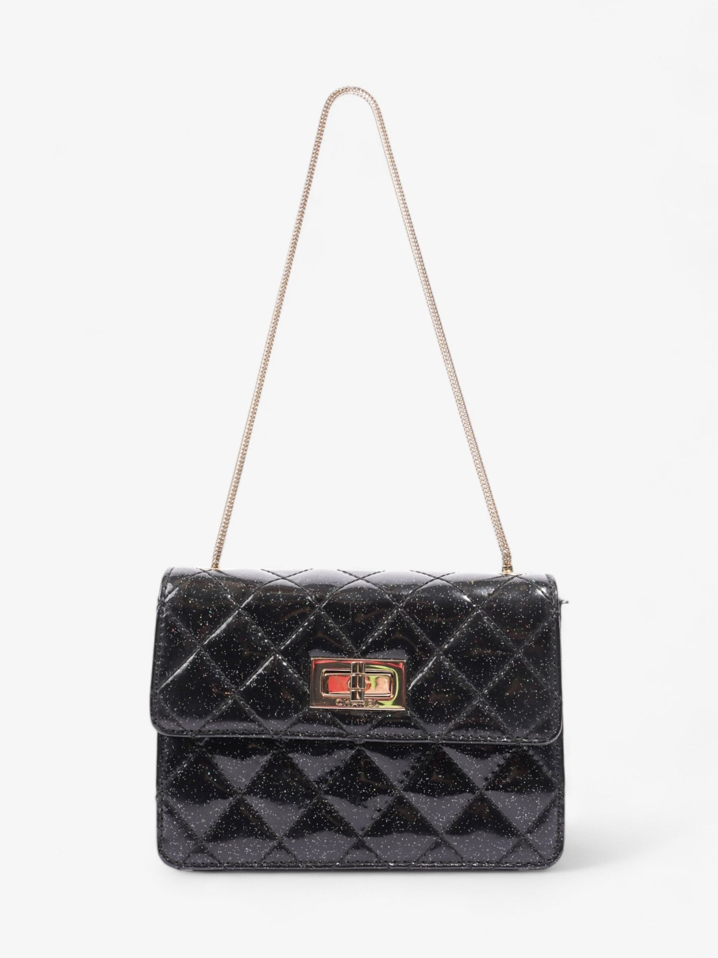 Chanel 2 55 Black Glitter Patent Leather Mini