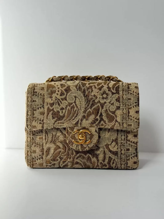 Chanel 1991 Bronze Metallic Brocade Mini Square Flap Bag