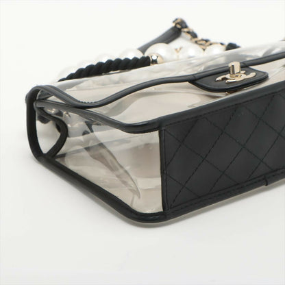 Chanel Black Lambskin Pvc Sand By The Sea With Pearl Strap Flap Bag