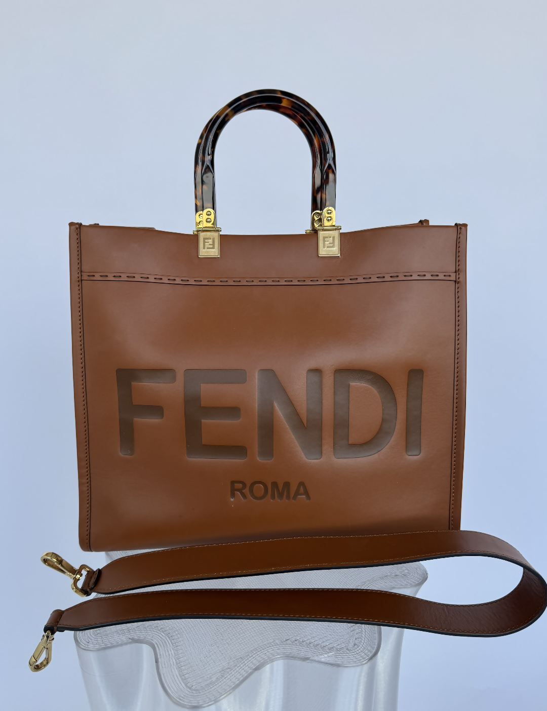 FENDI Sunshine Tote Bag  Cognac Brown Calf Leather