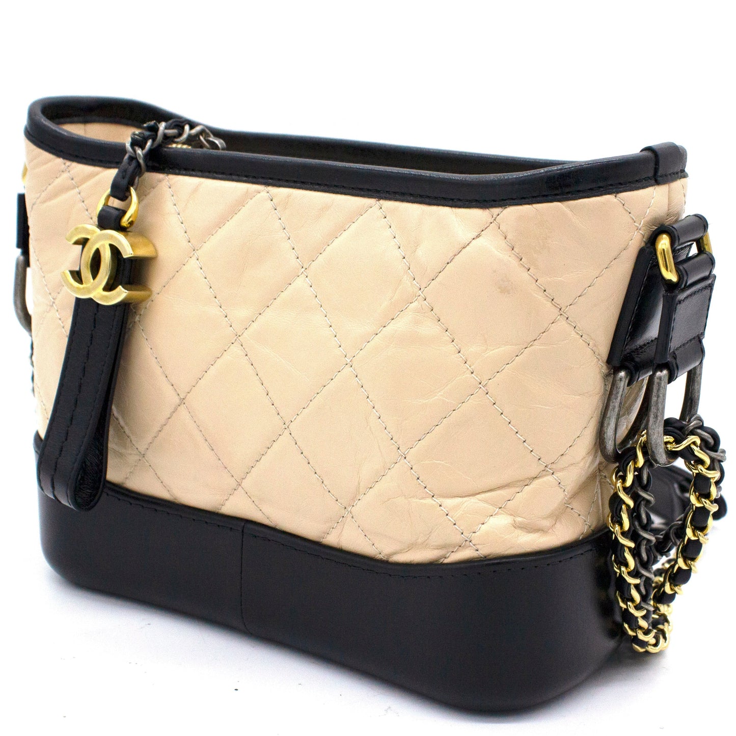 Chanel Calfskin Quilted Small Gabrielle Hobo Black Beige