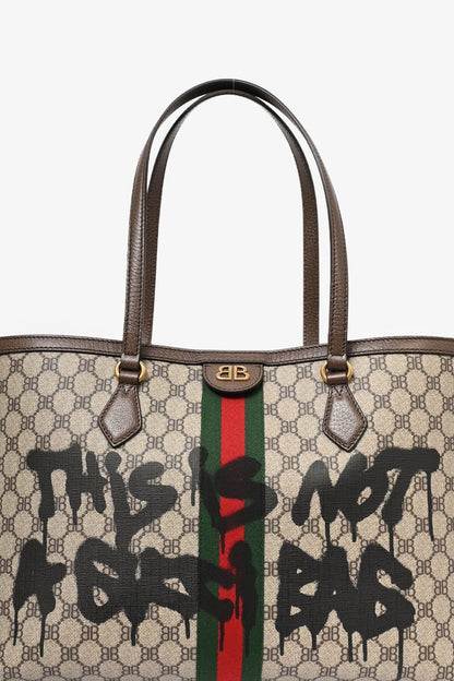 Gucci X Balenciaga Brown Bb Supreme Ophidia 'This Is Not A Gucci Bag' Printed Shopping Tote
