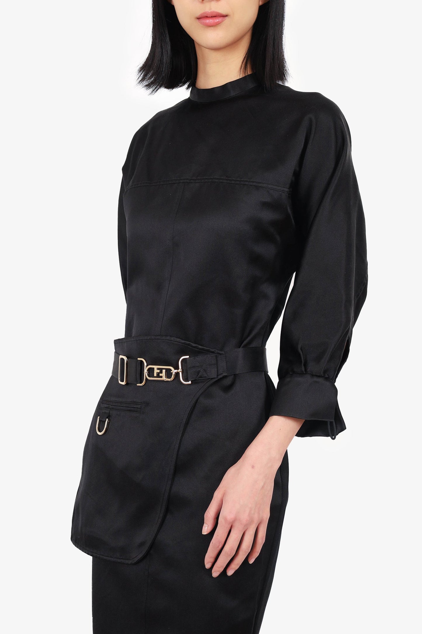 Fendi Black Silk Belted Long-Sleeved Midi Dress Size 40