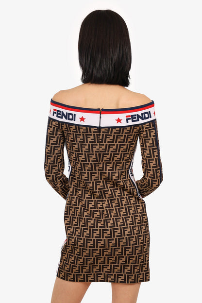 Fendi Brown Zucca Print Off The Shoulder Bodycon Dress Size 38
