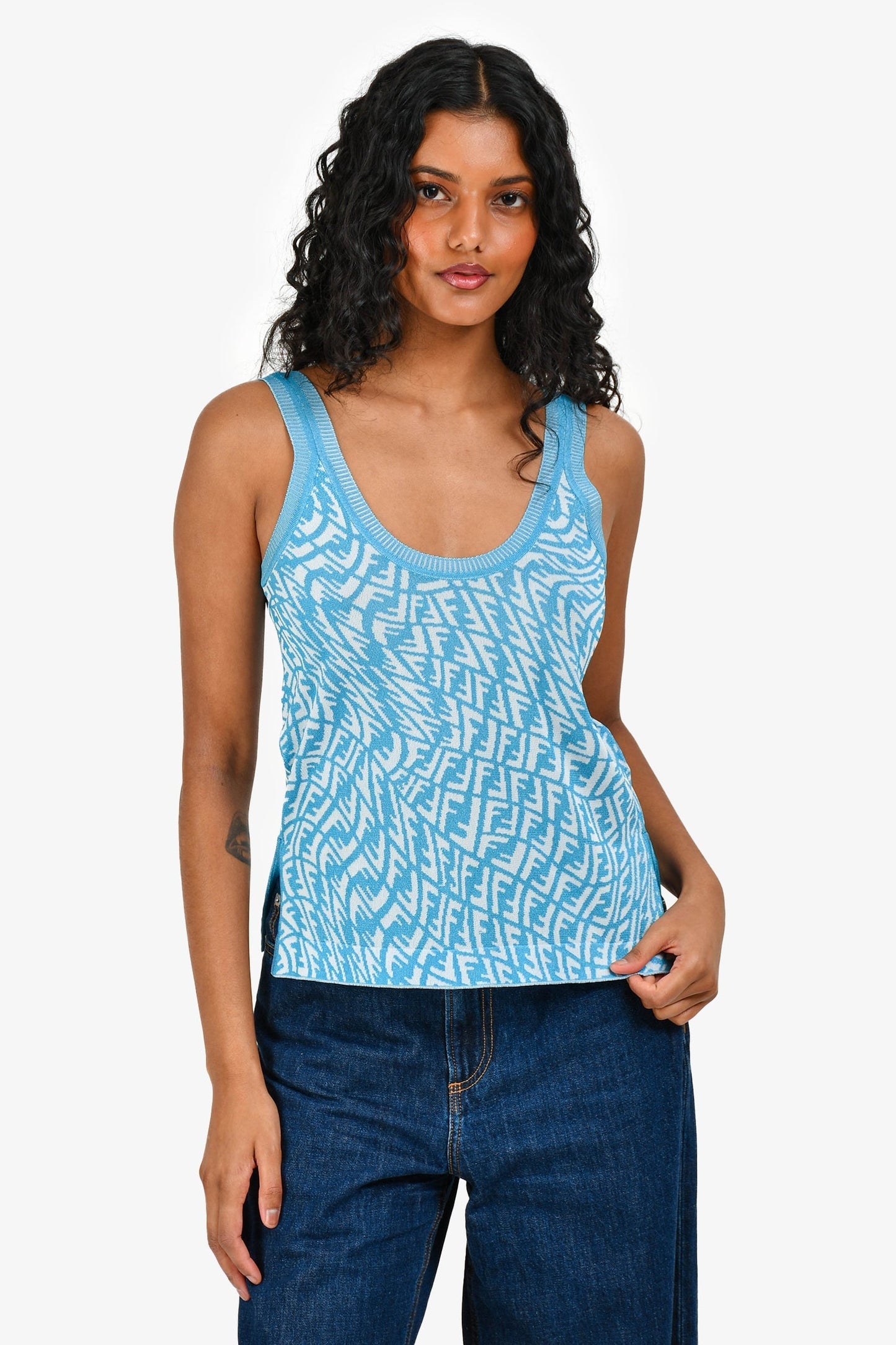 Fendi Blue Logo Scoop Neck Sleeveless Top Size 38