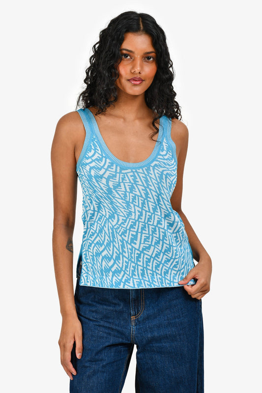 Fendi Blue Logo Scoop Neck Sleeveless Top Size 38