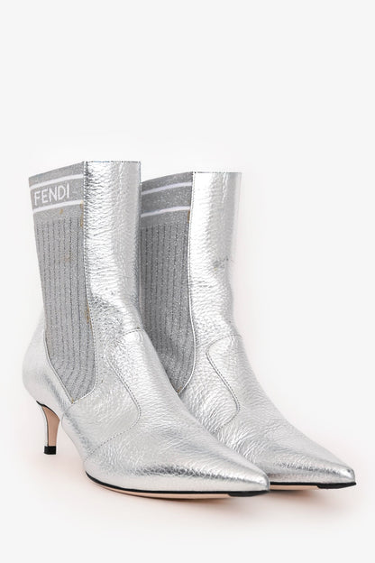 Fendi Silver Leather Pointed Toe Kitten Heel Boots Size 36.5