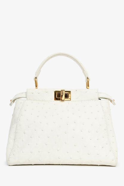 Fendi White Ostrich Leather Mini Peekaboo Bag with Strap
