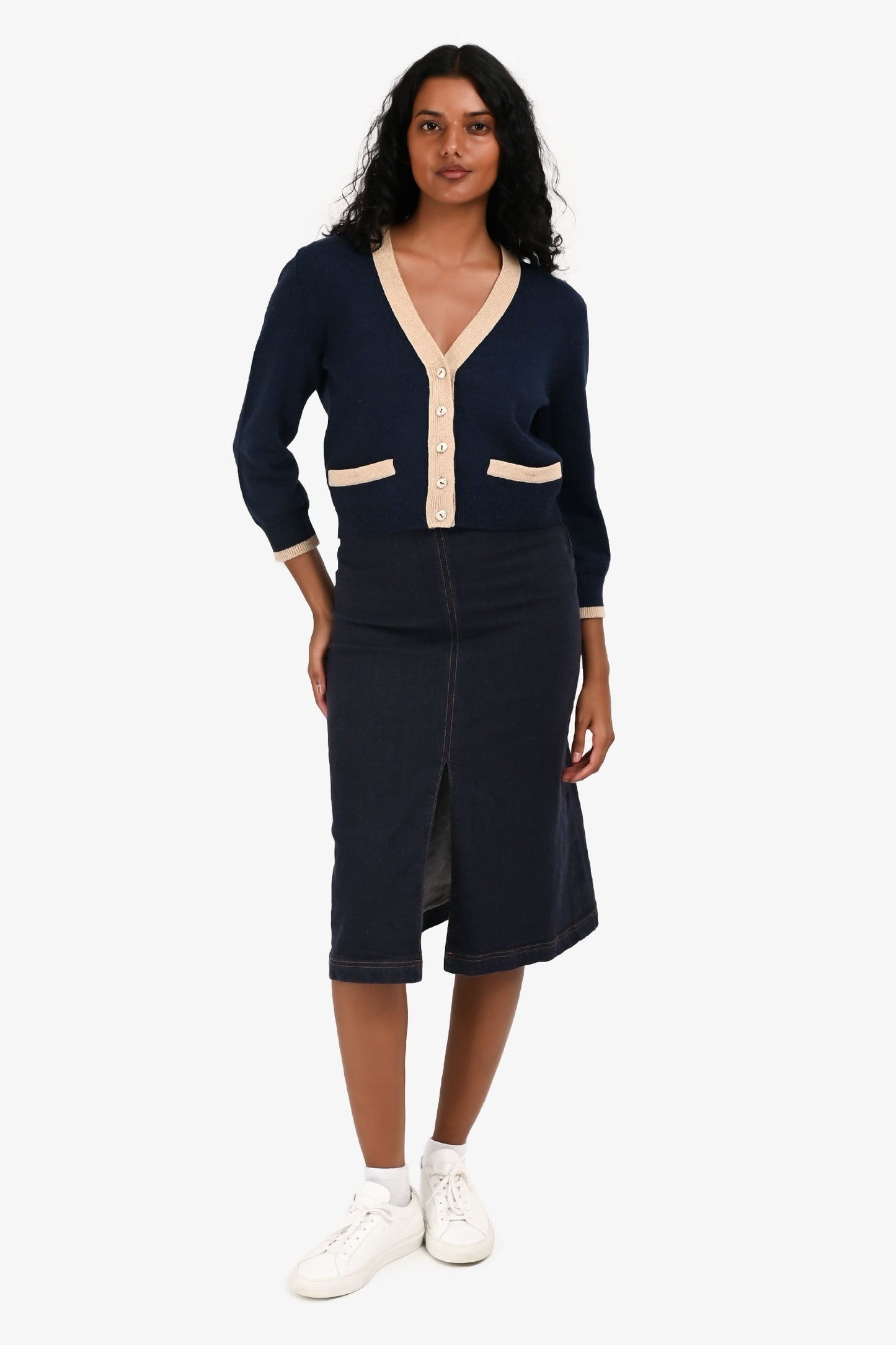 Fendi Dark Denim Contrast Stitch Embroidered Pocket Midi Skirt Est. Size XS