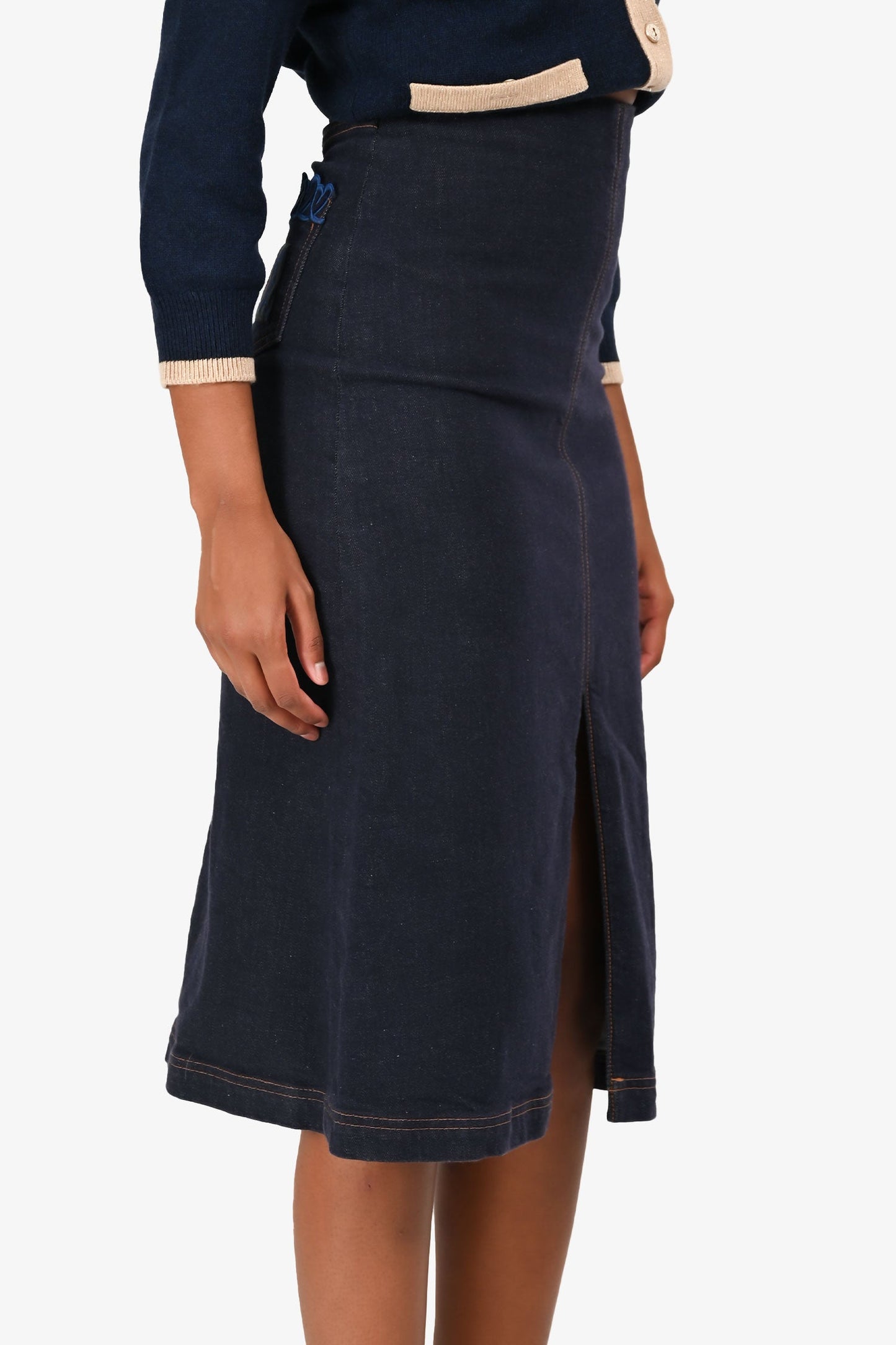 Fendi Dark Denim Contrast Stitch Embroidered Pocket Midi Skirt Est. Size XS