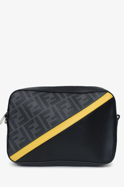 Fendi Black Vitello Liberty Leather Grey FF Canvas Diagonal Camera Case