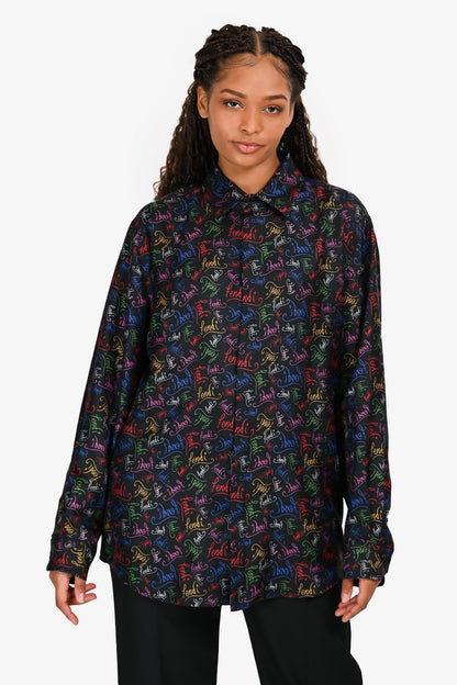 Fendi Black/Multicoloured Logo Silk Button Down Shirt Size 43 Mens