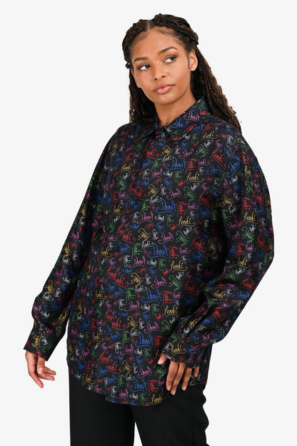 Fendi Black/Multicoloured Logo Silk Button Down Shirt Size 43 Mens