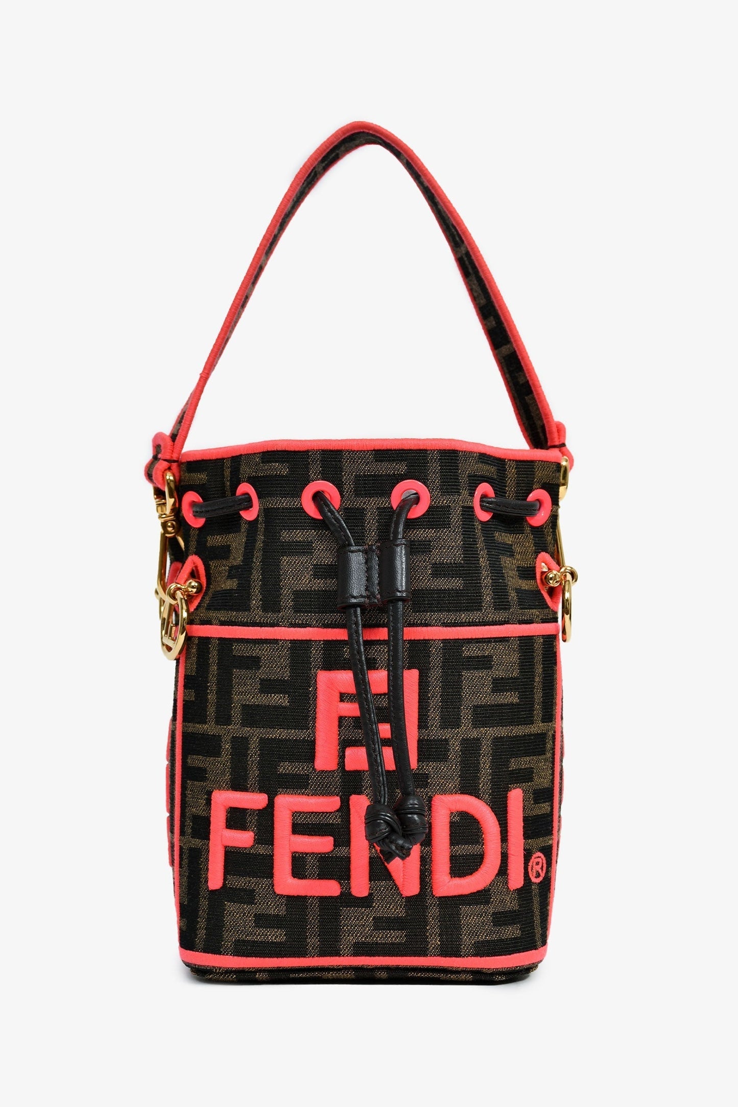 Fendi Brown Zucca/Neon Pink Canvas Mon Tresor Bucket Bag