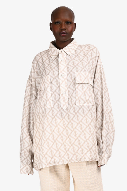 Fendi 2022 White/Beige Graphic Linen V-Neck Pocket Blo Size 42 w/ Tags