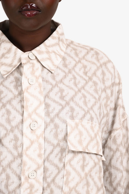 Fendi 2022 White/Beige Graphic Linen V-Neck Pocket Blo Size 42 w/ Tags