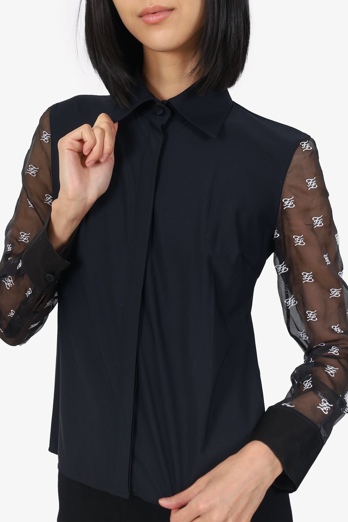 Fendi Black Sheer Sleeve Embroidered 'FF' Button Down Blo Size 38