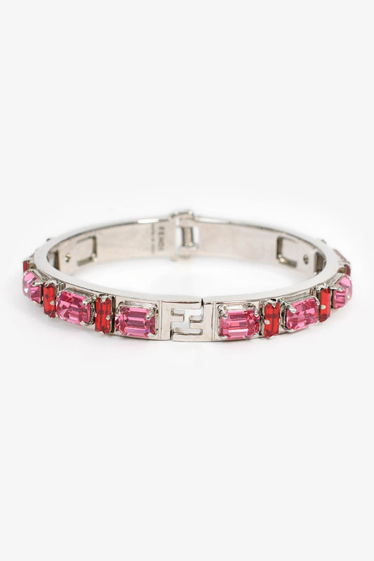 Fendi Silver Toned Red/Pink Crystal Bracelet