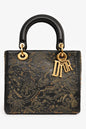 Christian Dior 2017 Black Leather Zodiac Embroidered Medium Lady D-Lite Bag With Strap
