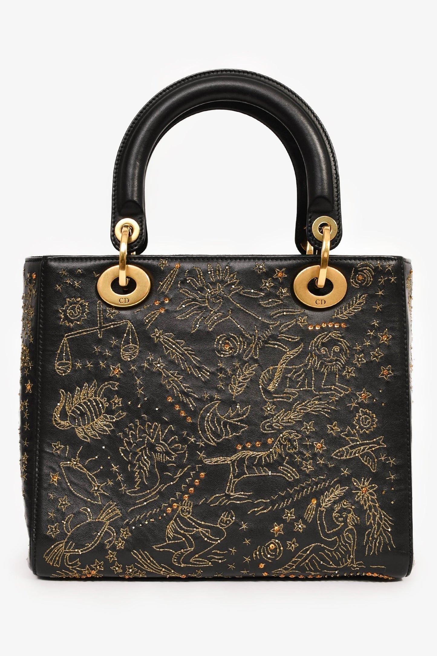 Christian Dior 2017 Black Leather Zodiac Embroidered Medium Lady D-Lite Bag With Strap