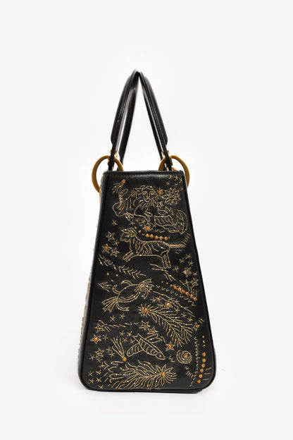 Christian Dior 2017 Black Leather Zodiac Embroidered Medium Lady D-Lite Bag With Strap