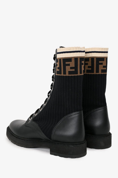Fendi Black Leather Zucca Stretch Knit Combat Boots Size 37
