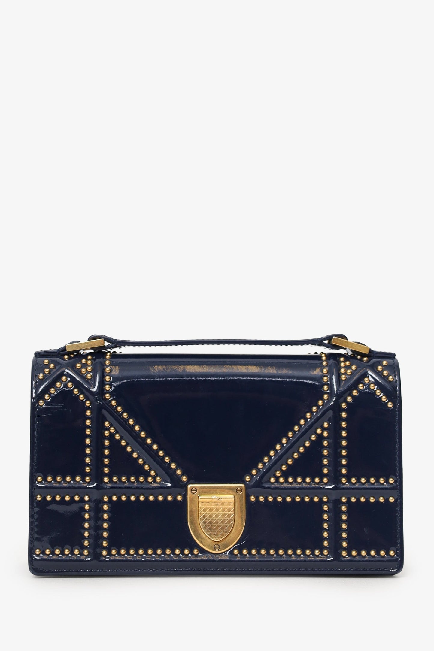 Christian Dior 2017 Navy Patent Studded Mini Diorama Top Handle Bag With Pouch