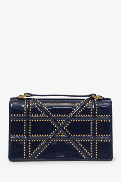 Christian Dior 2017 Navy Patent Studded Mini Diorama Top Handle Bag With Pouch