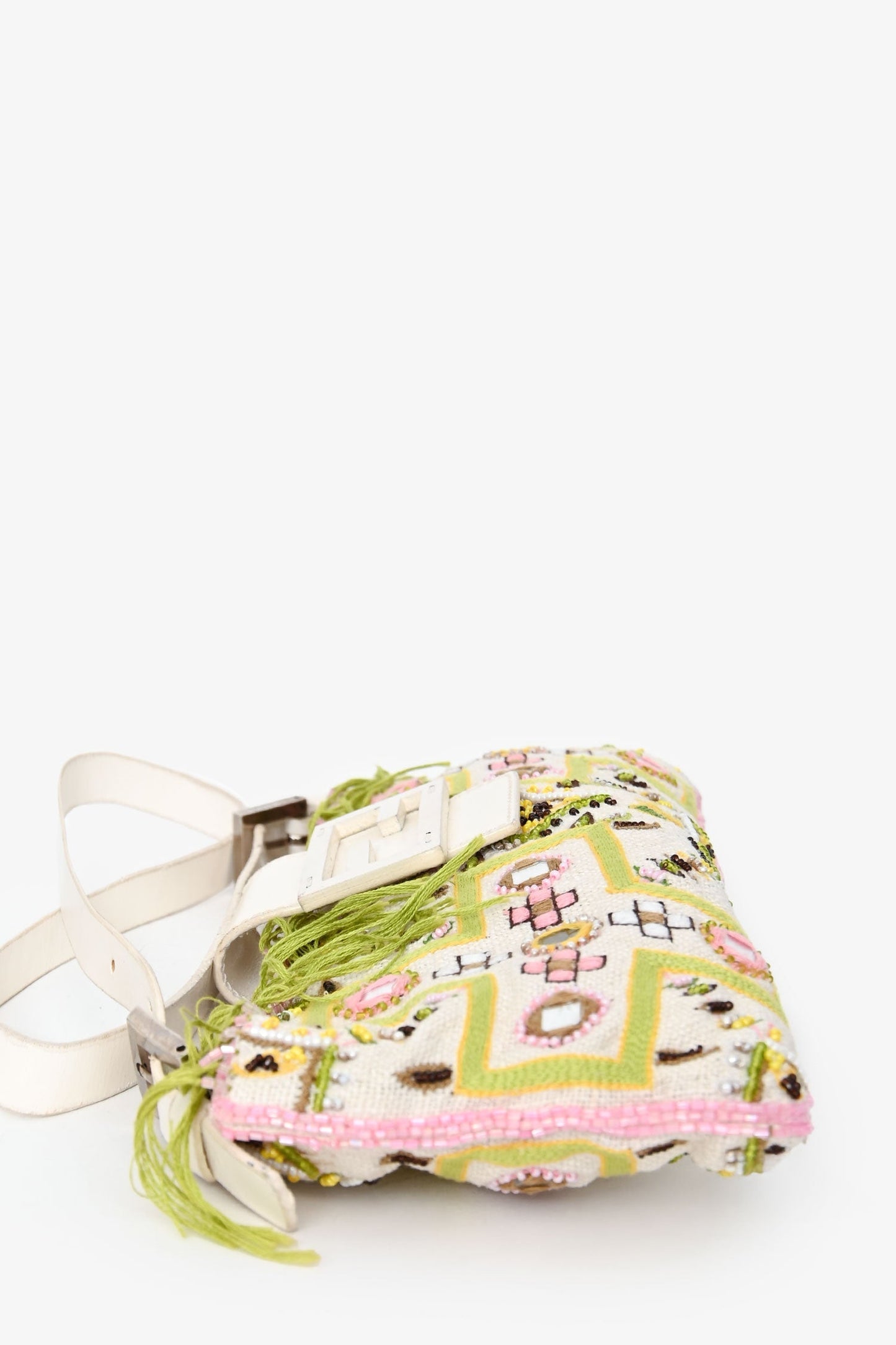 Fendi Limited Edition White/Green Fringe Beaded Embroidery Baguette Pochette