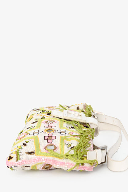 Fendi Limited Edition White/Green Fringe Beaded Embroidery Baguette Pochette