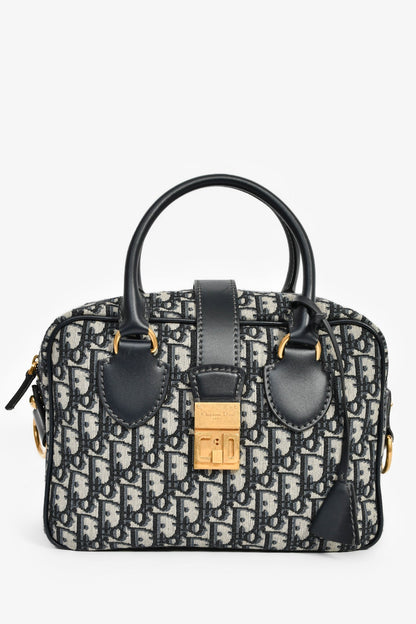 Christian Dior 2017 Navy Oblique Jacquard Bowling Bag With Strap