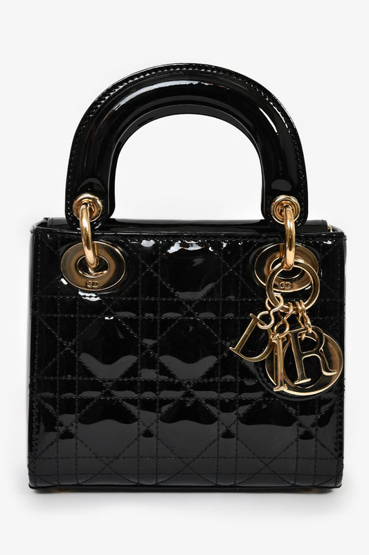 Christian Dior 2020 Black Patent Leather Mini Lady Dior Bag With Strap