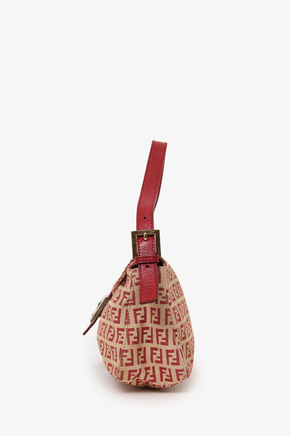 Fendi Red/Beige FF Zucca Canvas Double Flap Baguette Shoulder Bag