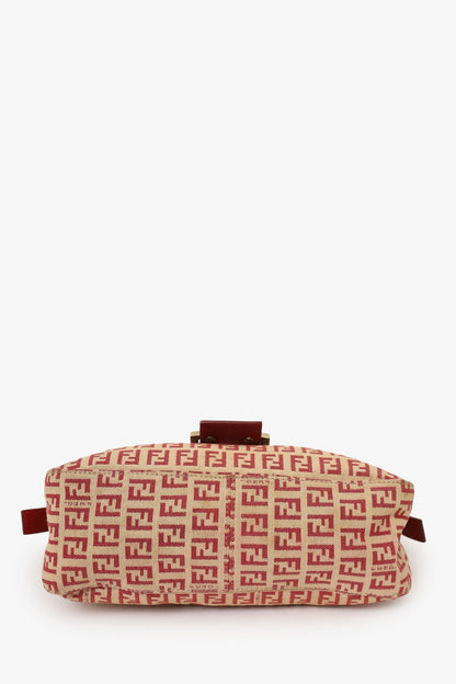 Fendi Red/Beige FF Zucca Canvas Double Flap Baguette Shoulder Bag