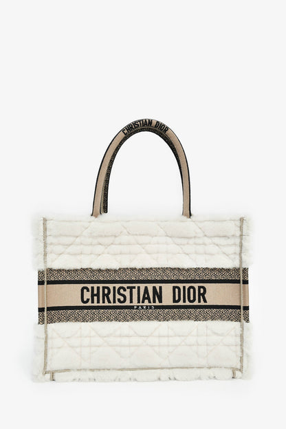 Christian Dior 2023 Ecru Cannage Shearling Taupe Canvas Medium Book Tote