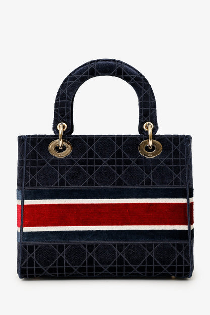Christian Dior 2021 Blue Velvet 'Cannage D-Lite' Medium Bag With Strap