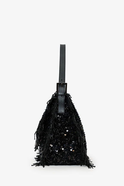 Fendi Limited Edition (1/30) Black Sequin Beaded Fringed Mama Baguette Shoulder Bag