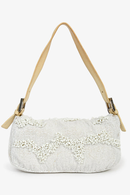 Fendi White/Beige Beaded Baguette Shoulder Bag